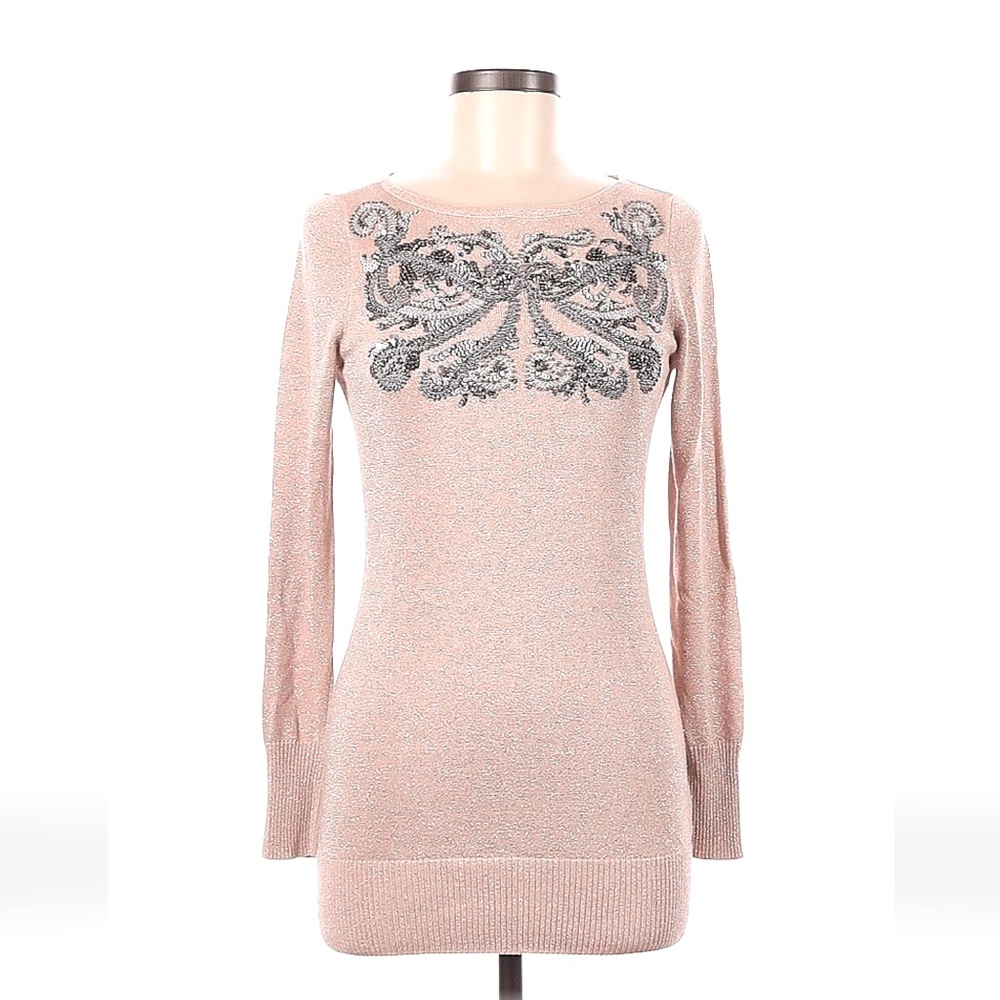 Vintage CACHE Blush Sweater with Silver Grey Sequin Appliqué Size Medium.